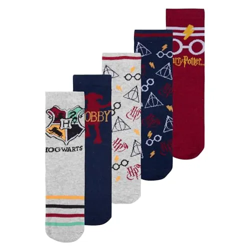 Harry Potter Socken für Jungen und Mädchen - Hogwarts Kinder Sneaker Kindersocken Söckchen Grau/Blau/Rot (5er Pack) (DE/NL/SE/PL, Numerisch, 23, 26, Regular, Grau/Blau/Rot)