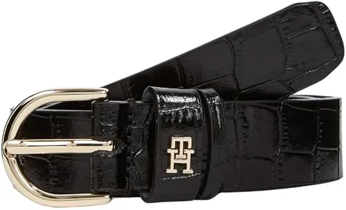 Tommy Hilfiger Ledergürtel "Essential Effortless" Damen, 90 cm, Schwarz - Eleganter Ledergürtel von Tommy Hilfiger aus 100% Rindsleder mit TH Monogramm. Ideal für formale Anlässe, stufenlos verstellbar und weich im Griff.