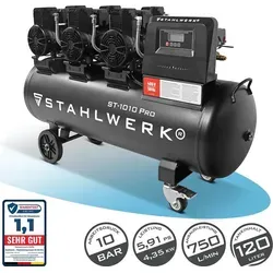 STAHLWERK Kompressor ST-1010 Pro – 120 L, ölfrei & leise - Kompakter 120-Liter Flüsterkompressor mit 10 bar Druck, ideal für Druckluft-Werkzeuge. Langlebiger Brushless-Motor sorgt für hohe Effizienz und minimalen Wartungsaufwand.