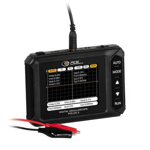PCE OC 3 - Handheld-Oszilloskop PCE-OC 3 - 1-Kanal Handheld-Oszilloskop mit 200kHz Bandbreite und 2,5MS/s Abtastrate, ideal für mobile Spannungs- und Frequenzmessungen in Werkstätten und im Außendienst.