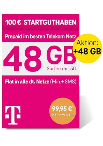 Telekom MagentaMobil Prepaid 5G Jahrestarif SIM-Karte I 96 GB Datenvolumen (8 GB/Monat) & Flat (Min, SMS) in alle dt. Netze + EU-Roaming I Surfen mit 5G/ LTE Max & Hotspot Flat I 100 EUR Startguthaben