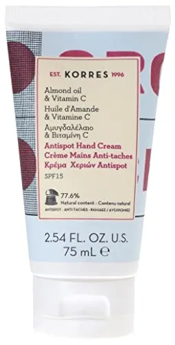 KORRES Almond Oil & Vitamin C Handcreme mit SPF15 - Hautpflege mit Anti-Spot Formel, reduziert Pigmentflecken und schützt mit SPF15 vor UV-Strahlen. Silikon- und parabenfrei für eine sanfte, nicht fettende Pflege.