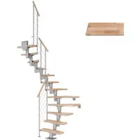 Dolle Mittelholmtreppe Dublin Buche Perlgrau - Innentreppen mit modernem Design, ideal für Selbsteinbau und kleinere Räume. 11 lackierte Buchenstufen, Geschosshöhe bis 270 cm, inklusive Edelstahlgeländer für zusätzliche Sicherheit.