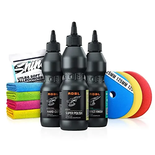 Autopolitur Set: ADBL Schleif- und Glanzpolitur 200ml + Zur Beseitigung von allen Kratzern - Für alle Lacke - Exzenter oder Rotation - Auto polieren, Politur, Schleifpaste | 10-teilig