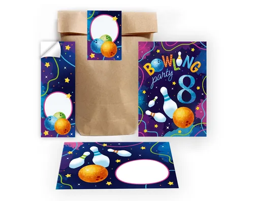 JUNAPACK Einladungskarten Bowling zum 8. Geburtstag Einladungen Karten mit Umschlägen Mitgebsel, Mitbringsel Set Bowling für Kinder zum achten Geburtstag Gastgeschenke