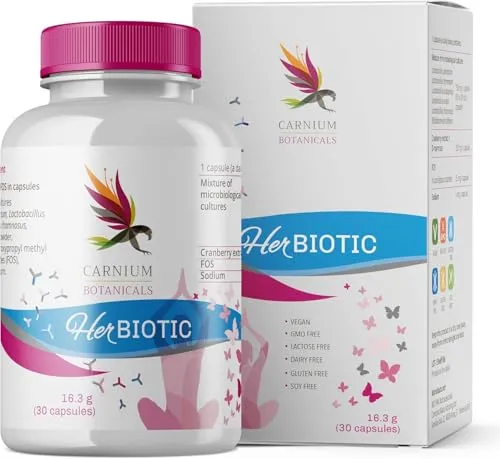 Carnium Botanicals Her Biotic - Probiotika für Frauen - Probiotika Lactobacillus mit 6 Bakterienstämmen, D-Mannose und Preiselbeere-Extrakt für die Unterstützung der vaginalen Intimflora. 30 vegane Kapseln für eine saubere, natürliche Versorgung.