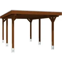 Skan Holz Carport Spessart 355 x 604 cm Nuss - Carport aus hochwertigem Leimholz, wetterfest verleimt und mit UV-beständiger Lasur behandelt. Inklusive stabilen H-Ankern für hohe Sicherheit und sofort einsatzbereit ohne Grundierung.