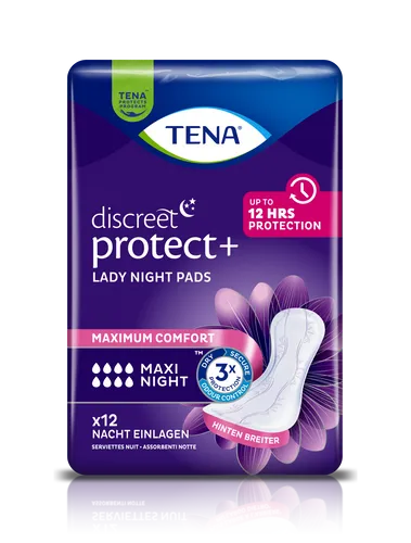 TENA Lady Discreet Maxi Night Beutel 12 Stück - Einlagen für die Nacht, speziell gegen Blasenschwäche. Mit Dry Fast Core™ für hohe Saugkraft und weicher Silky Softness für optimalen Komfort.