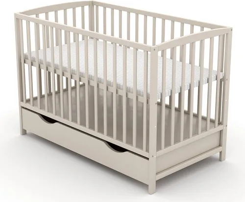 Baby-Delux Babybett Kinderbett Gitterbett Milo Taupe 60x120 Schutzgitter Schublade Kokos-Buchweizen Matratze