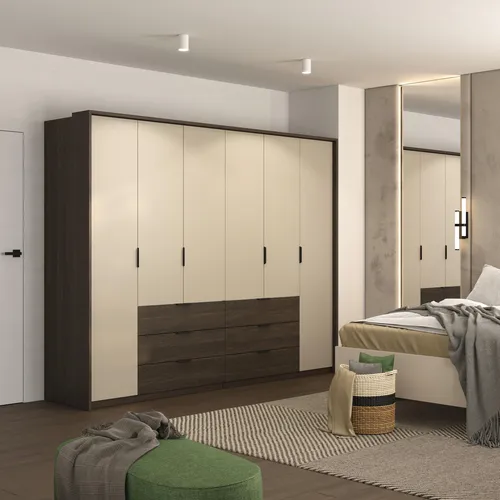 Masseno Drehtürenschrank Molavo, Eiche, 10 Fächer, 6 Schubladen, 274x217x63 cm - Der Masseno Drehtürenschrank Molavo bietet durchdachten Stauraum mit 10 Fächern und 6 Schubladen. Ideal für Ordnung in Ihrem Schlafzimmer – elegantes Design und hochwertige Materialien sorgen für Langlebigkeit und Stil.