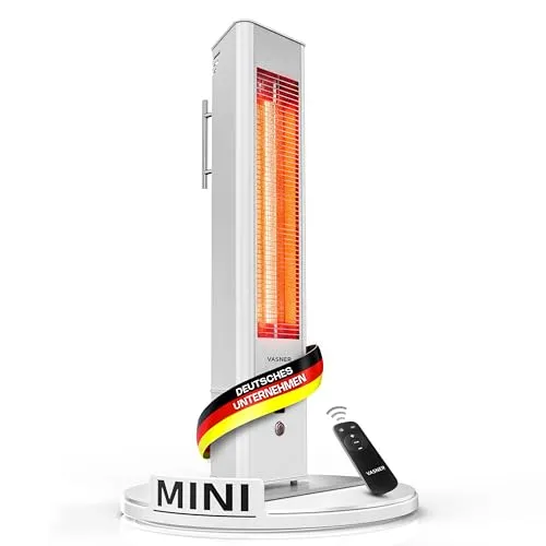 VASNER HeatTower Mini 1500 W – Infrarot Standheizstrahler für Terrasse und Balkon - Wetterfester Infrarot Heizstrahler IP65 mit 1500 Watt, inkl. Fernbedienung und 4 Heizstufen. Ideal für ungeschützte Außenbereiche, bietet sofortige Wärme und Komfort bei Wind und Wetter.