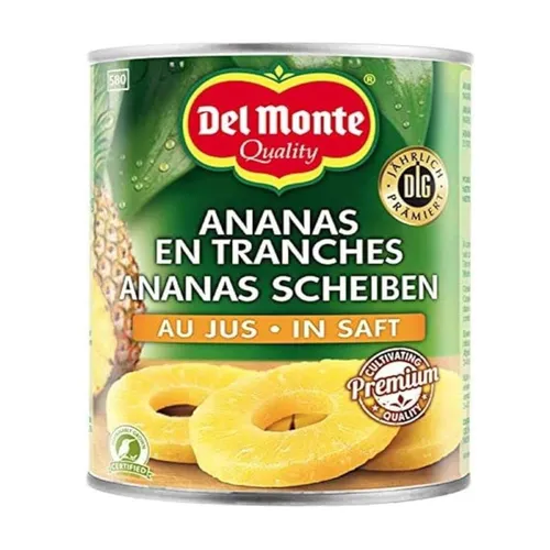 Del Monte Ananasscheiben in Saft, 565g - Obstkonserven mit saftigen Ananasscheiben aus Kenia, ideal für Desserts, tropische Salate und Cocktails – ein echter Genuss!