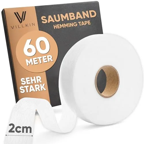 Villkin Saumband 60m Länge und 20mm Breite – Bügelband zum Aufbügeln auf Textilien wie Hosen Gardinen Vorhänge – Saumfließ (Weiß, 20mm x 60m)