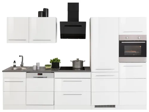 KOCHSTATION Küchenzeile KS-Trient 310 cm - Moderne Küchenzeile mit wahlweise E-Geräten, kompakt und funktional, ideal für kleine Räume mit viel Stauraum und trendigem Hochglanzdesign.