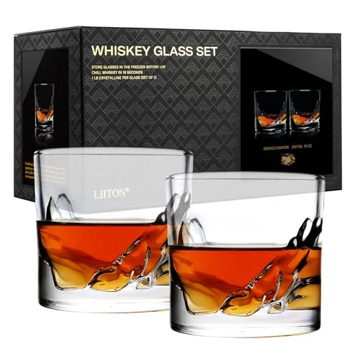 LIITON Whiskyglas Grand Canyon, 2er-Set - Brustgeschirr: Edles Whiskyglas-Set mit Bergrelief aus robustem Kristallglas, ideal für Scotch, Bourbon oder Cocktails und perfekt verpackt in Geschenkbox.