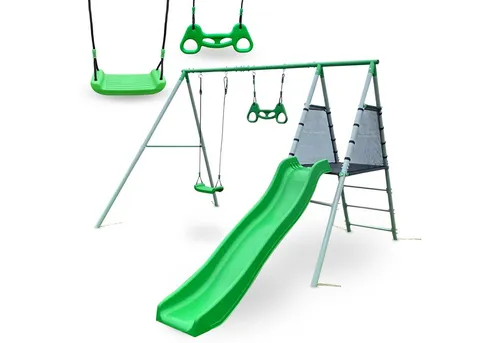 HyperMotion Mehrkindschaukel XXL Garten Spielset - Multifunktionsspielplatz für Kinder ab 3 Jahren mit Schaukel, Rutsche und Trapez. Robuste Konstruktion, wetterfest und mitwachsend für jahrelangen Spielspaß im Freien.