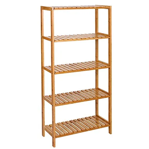 SONGMICS Badregal aus Bambus, 5-stufig höhenverstellbar - Multifunktionales Standregal mit 5 Ablagen für Badezimmer, Wohnzimmer oder Küche, bietet flexiblen Stauraum und ist aus nachhaltigem Bambus gefertigt.