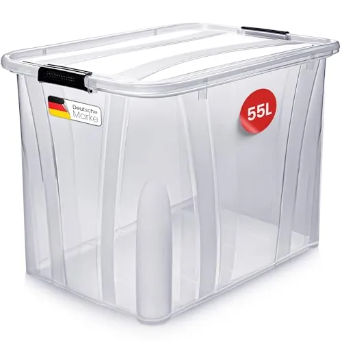 KONZEPT Aufbewahrungsbox 55 L mit Deckel – stapelbare, transparente Kunststoffbox - Robuste Aufbewahrungsbox mit verstärktem Boden und sicheren Verschlussclips. Ideal zur Organisation in Küche und Haushalt, bietet 55 Liter Platz und ermöglicht durch Transparenz schnellen Zugriff auf den Inhalt.