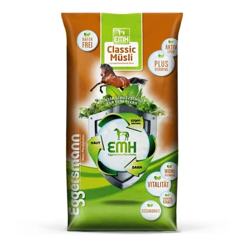 EMH Classic Müsli 20 kg - Ergänzungsfuttermittel für Pferde ohne Hafer, fördert Vitalität und ausgeglichenes Temperament, ideal für sportlich beanspruchte Pferde.