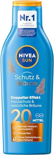 NIVEA SUN Schutz & Bräune 200ml – Doppelter Effekt für Ihre Haut - Die NIVEA SUN Lotion mit Lichtschutzfaktor 20 schützt zuverlässig vor UV-Strahlen und pflegt die Haut intensiv. Sie aktiviert die natürliche Bräune und spendet Feuchtigkeit. Ideal für sonnige Tage!