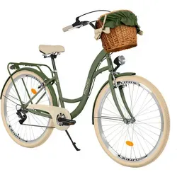 MILORD Damenfahrrad Citybike Komfort mit Weidenkorb – Vintage Hollandrad 26" Khaki - Hochwertiges Citybike mit robustem Stahlrahmen, 7-Gang-Schaltung und 90% Vormontage. Ideal für Pendler und Stadtfahrten. Inklusive praktischen Extras wie Rückenträger und Frontkorb.