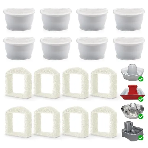 Katzenbrunnen Filter für PetSafe Drinkwell, 8 Pcs Ersatzfilter Trinkbrunnen Katzen & 8 Pcs Schaumfilter, Katzenbrunnen-Ersatzkohlefilter für Avalon Pagoda Gallon Sedona Seascape Seaside Butterly
