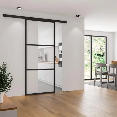 inova wohnen Glasschiebetür Klarglas mit schwarzem Rahmen - Schiebetüren für den Innenbereich, inklusive Softclose-Funktion für sanftes Schließen. Komplett Set mit Schienensystem und Griff für einfache Montage.