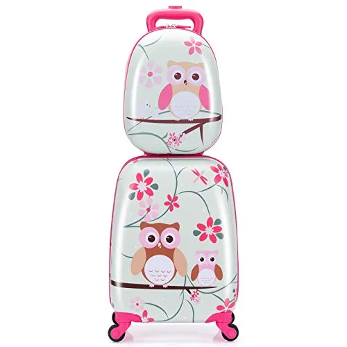 COSTWAY 2tlg Kinderkoffer + Rucksack, Kindertrolley aus Kunststoff, Kindergepäck, Kinder Kofferset Handgepäck Reisegepäck Hartschalenkoffer für Jungen und Mädchen (Rosa Eule, 12"+16")