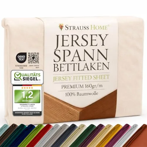 Strauss Home Premium Spannbettlaken – 160 g/m² Gekämmte Baumwolle – Extra Hohe Steghöhe in Hotelqualität – Formstabil & Langlebig – für Boxspringbetten bis 35 cm – 140x220-160x220 cm – Creme/Natur