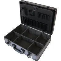HMF 14601-02 Alu Werkzeugkoffer leer - Robuster Werkzeugkoffer in Aluminiumoptik mit verstellbarer Facheinteilung für optimale Organisation. Ideal für Profis und Hobby-Handwerker, bietet Platz für Werkzeuge und Dokumente.