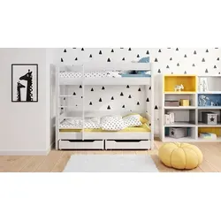 Etagenbett Diego 180x80 mit Rausfallschutz & Lattenrost – Weiß - Gemütliches Etagenbett für Kinder aus massivem Kiefernholz, ideal für sicheres Schlafen und Spielen. Mit zwei Schubladen für zusätzlichen Stauraum und einfacher Montage. Perfekt für kleine Abenteurer!