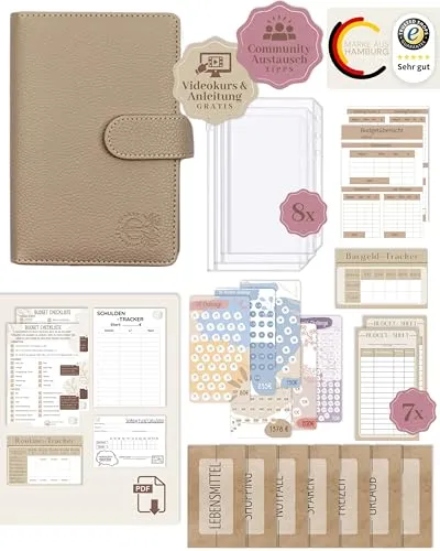 BeginnerBudget® Budget Planner Deutsch - Starterset mit Sparchallenge Budgetplaner - Sparen mit Umschlagmethode + Anleitung - Ringbuch A6 - Binder A6 Litchi-Style (Beige)