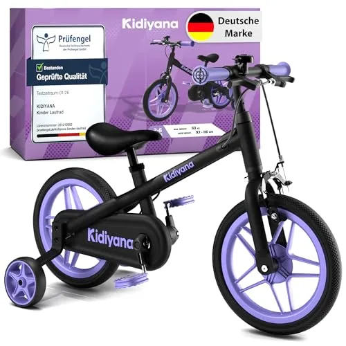 Kidiyana 3 in 1 Kinderfahrrad 12 Zoll - Lila, ab 2 Jahren - Flexibles 3 in 1 Kinderfahrrad für sicheres Fahren lernen. Nutze es als Laufrad, mit Stützrädern oder als Pedalfahrrad. Höhenverstellbarer Sattel für eine ergonomische Nutzung über Jahre.