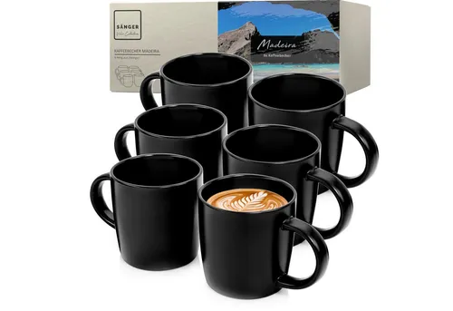 Sänger Madeira Kaffeebecher Set für 6 Personen - Becherset für 6 Personen aus Steingut, spülmaschinen- und mikrowellenfest. Stilvolles Design in elegantem Schwarz, ideal für Kaffee, Tee und Kakao.