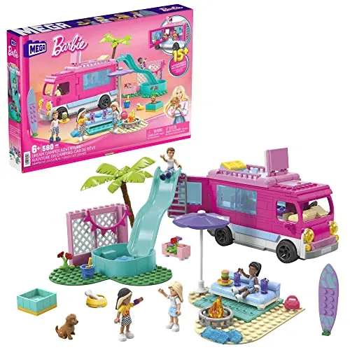 Barbie Traumwohnmobil - Bauspielzeug für kreative Abenteuer - Puppensets mit komplett ausgestatteter Küche, Bett auf dem Dach und 4 Barbie-Puppen für fantasievolles Spielen ab 6 Jahren.