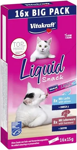 Vitakraft Liquid Snack, Katzen Leckerli, Katzensnack cremig, mit Leberwurst und Biotin, mit Lachs und Omega 3, in einzelnen Sachets, 1 Vorratspackung (16x 15g)