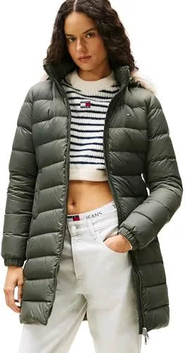 Tommy Jeans Steppmantel TJW ESSENTIAL HOODED DOWN COAT - Funktionsjacke mit abnehmbarer Kapuze und Fellimitat, perfekt für kalte Tage und stilvolle Outfits.