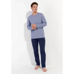 HOM Pyjama Long MODAL Comfort - Bequemer langer Herren-Schlafanzug mit Langarmshirt und Rundhalsausschnitt. Stilvolle Streifen und praktische Brusttasche. Die Hose in Marineblau bietet Komfort mit Bindeband und Seitentaschen. Oeko-Tex-zertifiziert für geprüfte Qualität.