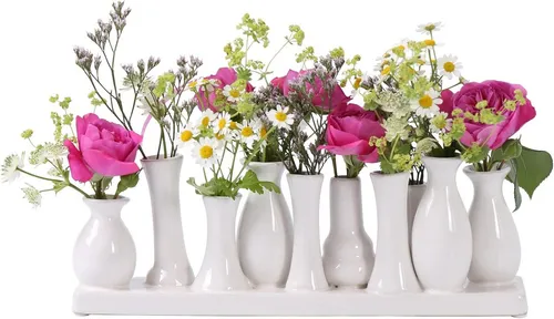 Jinfa Handgefertigte Dekovase - Set mit 10 Weißen Keramik Vasen - Dekovasen Set mit 10 handgefertigten Vasen auf einem Sockel, ideal für kreative Blumenarrangements und stilvolle Wohnakzente.