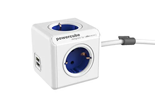allocacoc PowerCube DuoUSB Extended DE Blau, 4 fach Steckdosenverteiler mit 2,1 A USB Ladestrom, Weiß Blau