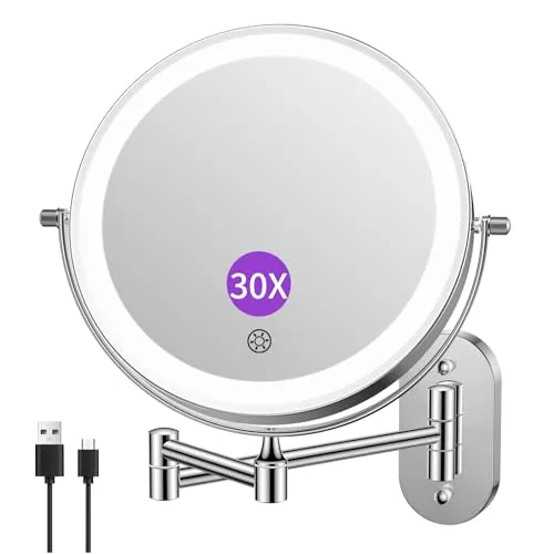 FUNTOUCH 4000mAh Wiederaufladbar Kosmetikspiegel mit Beleuchtetung, 1X 30X Spiegel Vergrößerung Wandmontage, Dimmbarer Rasierspiegel 3 Farben, Touchscreen, 360° Drehbar, Schminkspiegel für Badezimmer