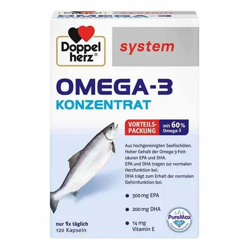 Doppelherz System Omega-3 Konzentrat Kapseln 158.6 g - Omega-3 Kapseln mit 300 mg EPA und 200 mg DHA pro Kapsel, unterstützen Gehirn- und Herzfunktion, nur 1x täglich einnehmbar, gluten- und laktosefrei