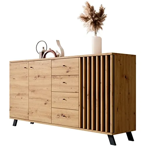 Newroom Sideboard Barea - Modernes Sideboard aus Wildeiche mit 3 Türen und 4 Schubladen, ideal für stilvolle Aufbewahrung und Ordnung in jedem Wohnraum.