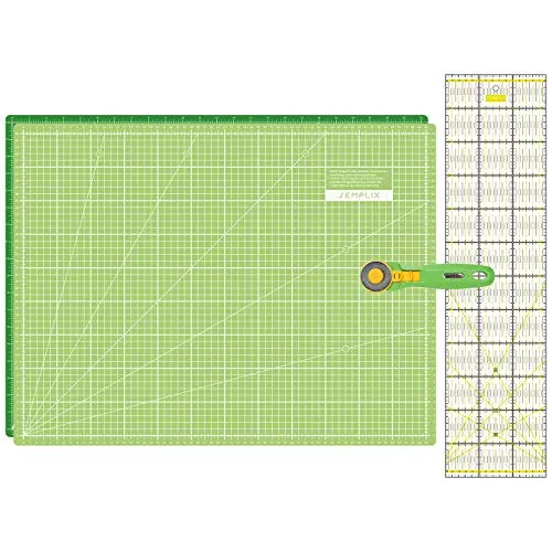 SEMPLIX Schneidematten Set - Schneideunterlage 60 x 45 cm (A2), Rollschneider Maxi 45 mm, Patchwork Lineal 60x15 cm (hellgrün/grün)