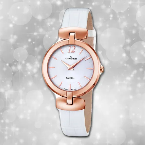 Candino Elegance Damen Armbanduhr C4567/1 mit Lederarmband - Stilvolle Damen-Armbanduhr mit analoger Anzeige und elegantem Lederarmband in Weiß. Das gehobene Design mit rosegoldenem Gehäuse und Quarzwerk macht sie zum idealen Accessoire für jeden Anlass.