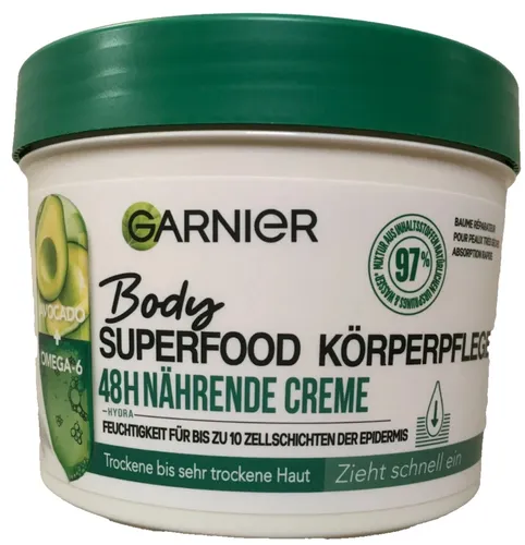 Garnier Body Superfood Creme Avocado 380ml - Intensive Feuchtigkeitscreme für 48 Stunden, ideal für trockene Haut. Mit Avocado und Omega-6 für eine geschmeidige Haut und angenehmes Hautgefühl. Vegane Formel mit 97% natürlichen Inhaltsstoffen.
