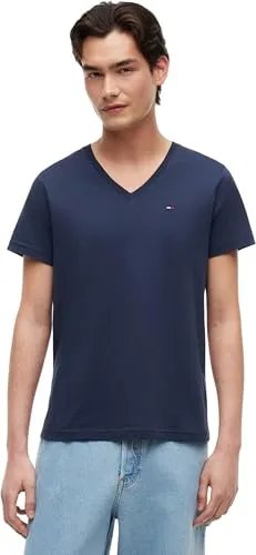 Tommy Jeans Tjm Original Jersey V Neck Tee - Herren Kurzarmshirt in Blau - T-Shirts für Herren - Angenehmes Baumwoll-Stretch-Material für optimalen Komfort, ideal als Lounge-Shirt oder Unterhemd. Mit Tommy Jeans Flag für einen lässigen Look.
