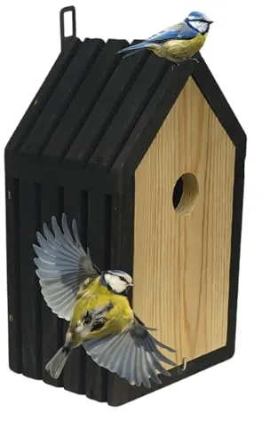 MODO24 Meisen Nistkasten aus FSC® Holz – Vogelhaus für Blaumeisen & Kleinvögel, Schwarz - Hochwertiger Nistkasten aus FSC-zertifiziertem Holz mit 2,8 cm Einflugloch für sicheren Brutplatz. Praktische Reinigungsklappe und Futterhaken für Garten oder Balkon – ideal für Vogelliebhaber.