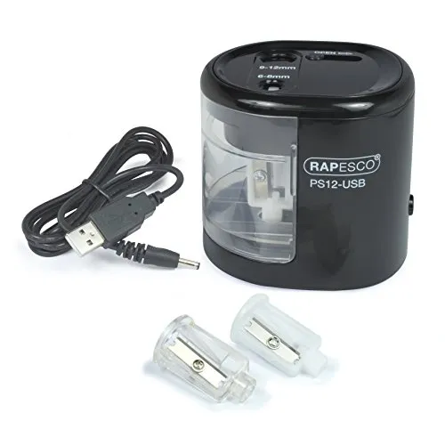 Rapesco 1449 PS12-USB Automatischer/Elektrischer Spitzmaschine, Ladung durch Batterie (nicht enthalten) oder USB, Schwarz