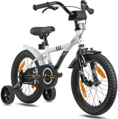 PROMETHEUS BICYCLES Kinderfahrrad 16 Zoll für 5 Jahre - Sicheres Fahrrad mit Stützrädern - Sicheres Kinderfahrrad mit Glocke, Kettenschutz und zwei Bremssystemen. Leichter Rahmen für einen einfachen Einstieg, ideal für Jungen und Mädchen. Verstellbarer Lenker und Sattel für perfekten Komfort.